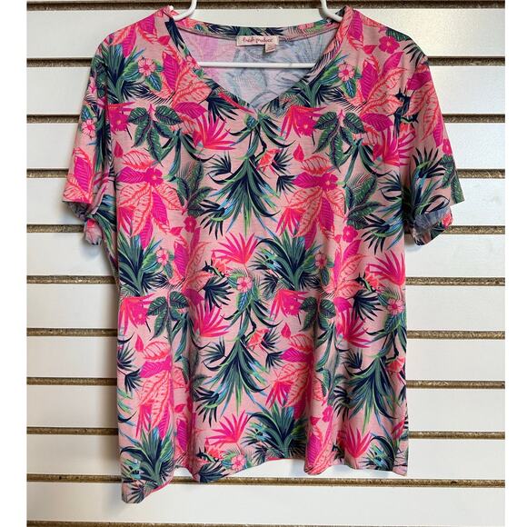 Fresh Produce Pink Floral Top XL V-Neck Tropical Beach - Picture 1 of 6